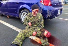 Members of the Station Defence Force at Canadian Forces Station St. John’s — undergoing first aid classroom training Thursday — were surprised by having to immediately respond to a mock suicide bomber attack with multiple injuries outside the building at the Pleasantville base in St. John's.