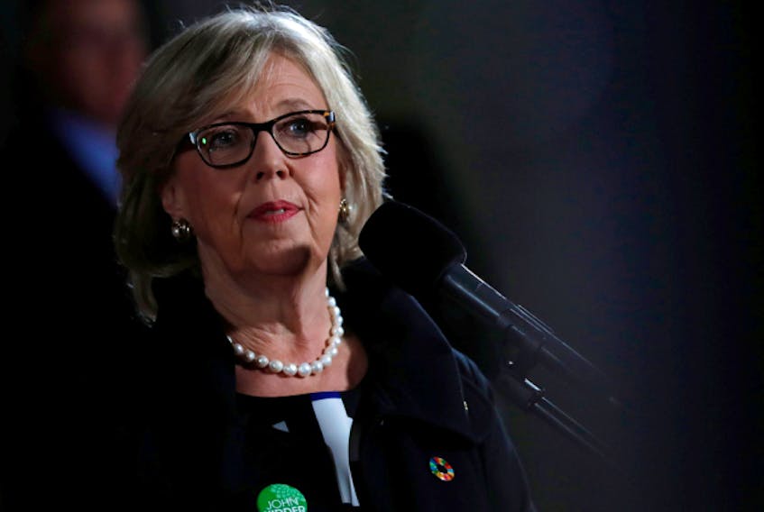  Green Party leader Elizabeth May speaks at a news conference after an English language federal election debate at the Canadian Museum of History in Gatineau, Que.