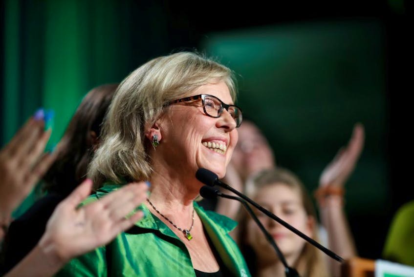Green Party Leader Elizabeth May speaks to supporters in Victoria, B.C. on election night (Oct. 21, 2019).