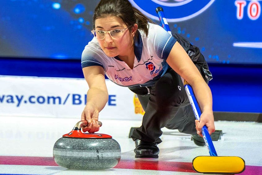 Nova Scotia's Emma Logan delivers a rock. (Andrew Klaver/Curling Canada)