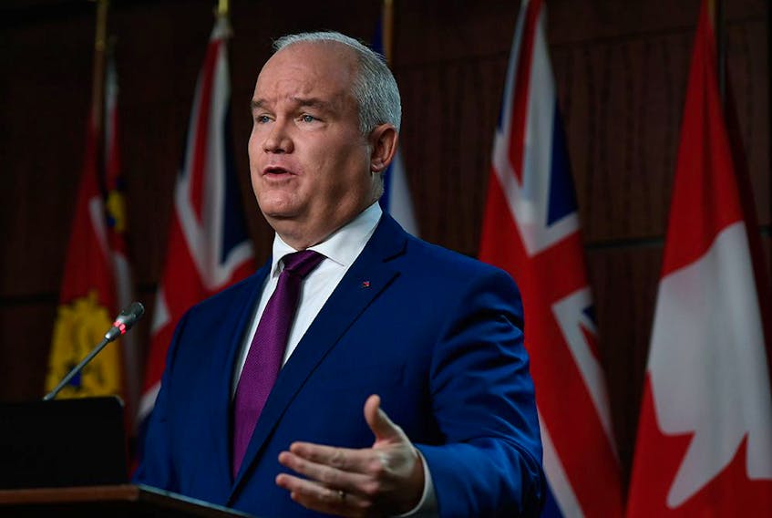 Conservative Leader Erin O'Toole speaks to the media on Parliament Hill in Ottawa, on Dec. 3, 2020. 
