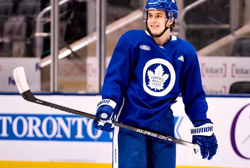 Denis Malgin skates with the Maple Leafs ahead of his first game with the team on Thursday, Feb. 20, 2020. (@mapleleafs/Twitter)