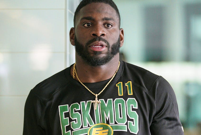 Edmonton Eskimos linebacker Larry Dean goes through some medical testing at Commonwealth Recreation Centre Field House during the team's 2019 training camp on Saturday, May 18, 2019.