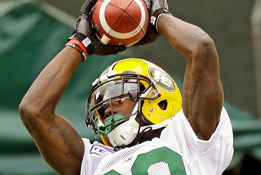 Bryant Mitchell makes a catch during Edmonton Eskimos practice at Commonwealth Stadium in this file photo from July 18, 2017.
