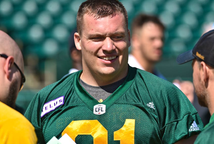 Mark Mackie was cut during training camp and then called back, pictured at an Edmonton Eskimos practice in preparation to face the Toronto at Commonwealth Stadium in this file photo taken July 12, 2018.