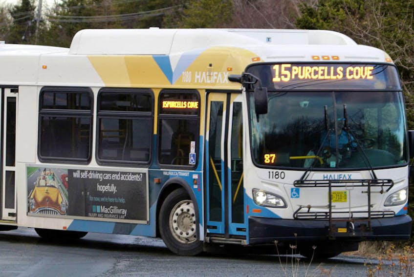 Halifax Transit bus #15 turns on to Fergusons Cove Road as it makes its way to York Redoubt Wednesday afternoon.