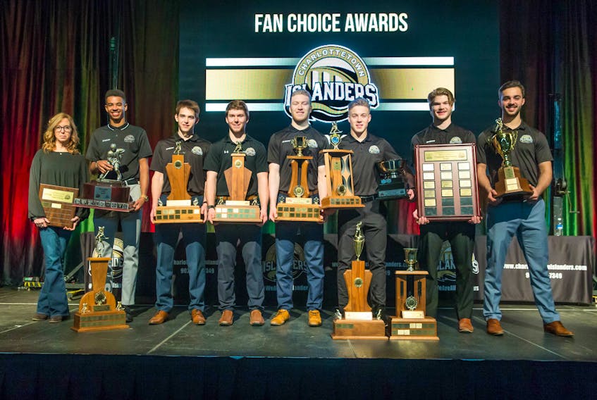 The Charlottetown Islanders handed out its annual awards Monday. From left are Nancy Fong, Pierre-Olivier (P.O.) Joseph, Brett Budgell, Keith Getson, Hunter Drew, Matthew Welsh, Olivier Desjardins and Pascal Aquin.