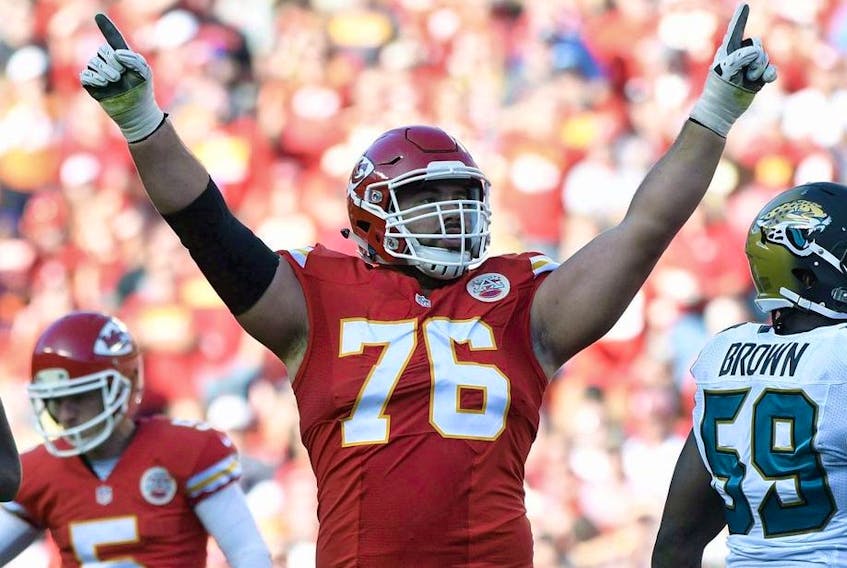 Kansas City Chiefs offensive lineman Laurent Duvernay-Tardif celebrates after a field goal by kicker Cairo Santos, during the second half of an NFL football game against the Jacksonville Jaguars in Kansas City, Mo., on November 6, 2016.