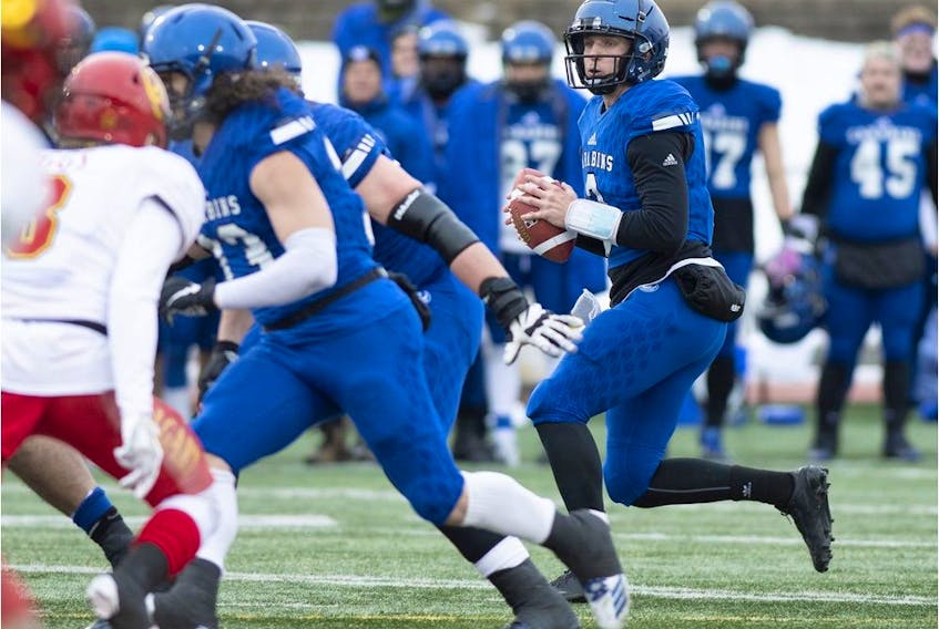 University of Montreal Carabins quarterback Dimitri Morand during first half of the Vanier Cup against the University of Calgary Dinos, in Quebec City, on Nov. 23, 2019.