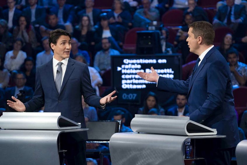  NDP leader Jagmeet Singh and Green Party leader Elizabeth May take part in the the Federal leaders French language debate.