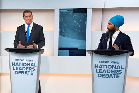 Conservative Leader Andrew Scheer and NDP Leader Jagmeet Singh take part during the Maclean's/Citytv National Leaders Debate in Toronto on Thursday, Sept. 12, 2019. 