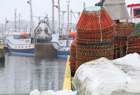 Crab pots piled on the wharf at the small boat basin on the south side of St. John's Harbour on an freezing rain and icy Monday. Many boats at Prosser's Rock boat basin are still not in the water. The fishery, like everything else, is being impacted by the COVID-19 pandemic.  Glen Whiffen/The Telegram