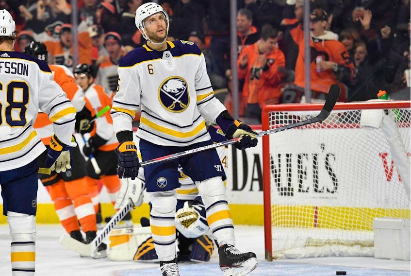 Buffalo Sabres' defenceman Marco Scandella reacts after a goal by Philadelphia Flyers’ Tyler Pitlick in December 2019.