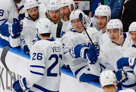 The Toronto Maple Leafs celebrate forward Jimmy Vesey goal during a recent game. The Leafs are the class of the North Division, writes columnist Fred (Fiddler) MacDonald. 