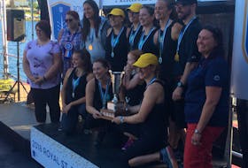 The m5 women's crew set a new Royal St. John's Regatta course record Wednesday at the 200th running of the event, with a 4:56.10 in the first women's race of the day. Members of the team are stroke Katie Wadden, Jane Brodie, Nancy Beaton, Amanda Ryan, Amanda Hancock, coxswain Dean Hammond and coach Bert Hickey.