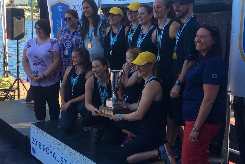 The m5 women's crew set a new Royal St. John's Regatta course record Wednesday at the 200th running of the event, with a 4:56.10 in the first women's race of the day. Members of the team are stroke Katie Wadden, Jane Brodie, Nancy Beaton, Amanda Ryan, Amanda Hancock, coxswain Dean Hammond and coach Bert Hickey.