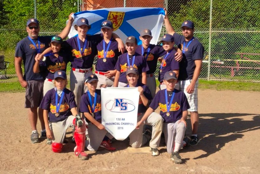 <p>Brandon Gavel, Levon Mullen, Elizabeth Gavel, Max Mullen, coach Nick Mullen, Miguel de Jesus, Lathan Robinson, James Sabine, Jack Mullen, Avery Charlton, Jacobie Ford, and coach Jason Ford of the Weymouth U13 Firebirds hold up the provincial banner after winning the Baseball Nova Scotia provincials Sept. 2 to 4 in Dartmouth. Amber Cormier played with the team all season but was injured for provincials.</p>