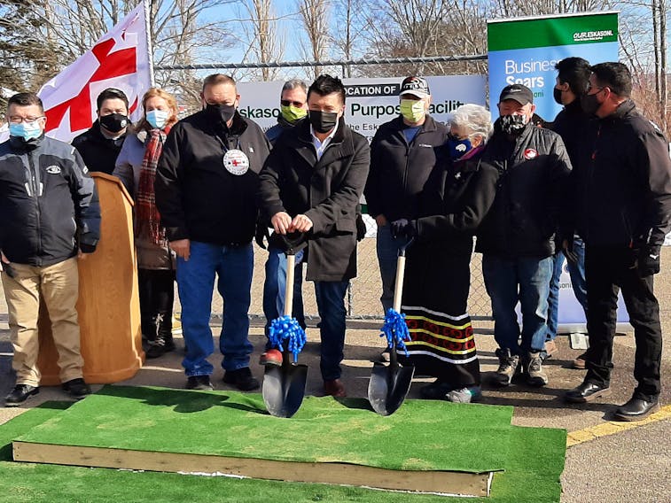 Chief Leroy Denny is joined by Norman Sylliboy, grand chief of the Mi'kmaq Grand Council, elder Georgina Doucette, and councillors and staff of Eskasoni First Nation as the first shovel touches the ground at the site of the future multi-purpose recreation facility. ARDELLE REYNOLDS/CAPE BRETON POST