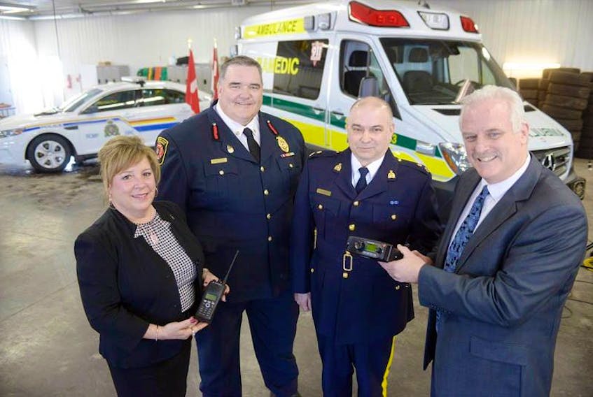 Improvements to the provincial integrated communications system infrastructure and equipment were announced during a news conference in Charlottetown Tuesday. From left are Janice Sherry, labour and justice minister and attorney general; provincial fire marshal David Rossiter; acting L Division RCMP commander Denis Roy and Tim Coolen, president of Island EMS.&nbsp;