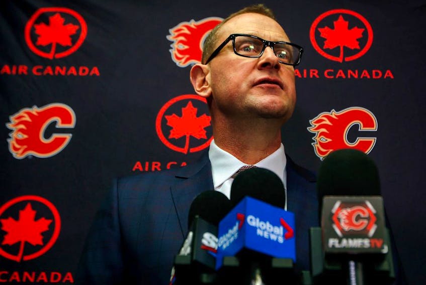 Calgary Flames general manager Brad Treliving shares his thoughts with media on the up coming NHL trade deadline at the Scotiabank Saddledome in Calgary on Saturday, February 24, 2018. Al Charest/Postmedia