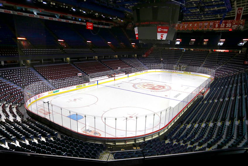  Inside the empty Scotiabank Saddledome on March 12, 2020.