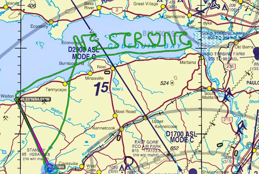 Derek Brown posted his flight path online after flying a route that spelled out "NS Strong" in memory of the victims of Saturday and Sunday's mass shootings.