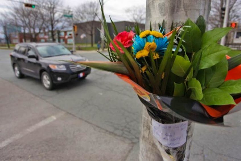 Flowers were left at the scene of a fatal car pedestrian accident at the corner of Victoria Road and Thistle Street in Dartmouth. &nbsp; &nbsp; &nbsp; &nbsp; &nbsp; &nbsp; &nbsp; &nbsp;&nbsp;