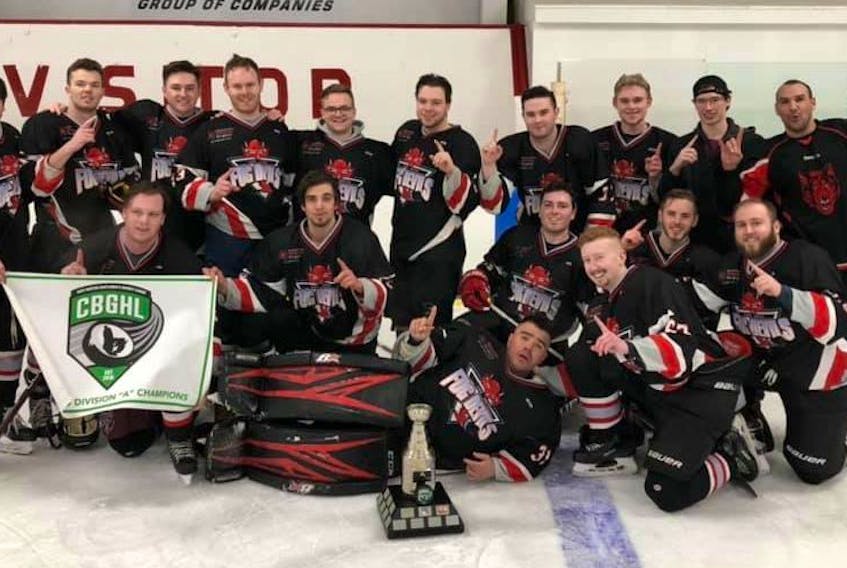 The Fog Devils captured the Cape Breton Gentlemen's Hockey League 'A' division title in March, defeating the Pogey Lakers 3-1 in the best-of-five series at the Sydney Mines and District Community Centre. Front row, from left, are Jordan Moss, Nolan Smith, Teddy Knockwood, Bryceson Musgrave, Bryden MacDonald, Dylan MacDonald, and Daniel MacIntyre. Back row, from left, are Josh MacKay, Colton Marchand, Aiden O'Rourke, Stephen Jameal, Logan Belya, Rory Morrison, Liam Moore, Blake Cox, Brandon Grant and Allan Jeddore. Missing from the photo were Bryden Mercer, Caleb Smicer, and coach Daniel Keough. PHOTO SUBMITTED/MIKE MACDONALD