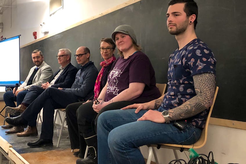 The panel included (from left): Josh Smee, CEO of Food First NL; Danny Breen, Mayor of St. John’s; Joby Fleming, advocacy co-ordinator at Empower; Louise Moyes with the Stone Soup Co-operative; and Sylvia White and Colton Purchase with Choices for Youth’s youth leadership council. JUANITA MERCER/THE TELEGRAM