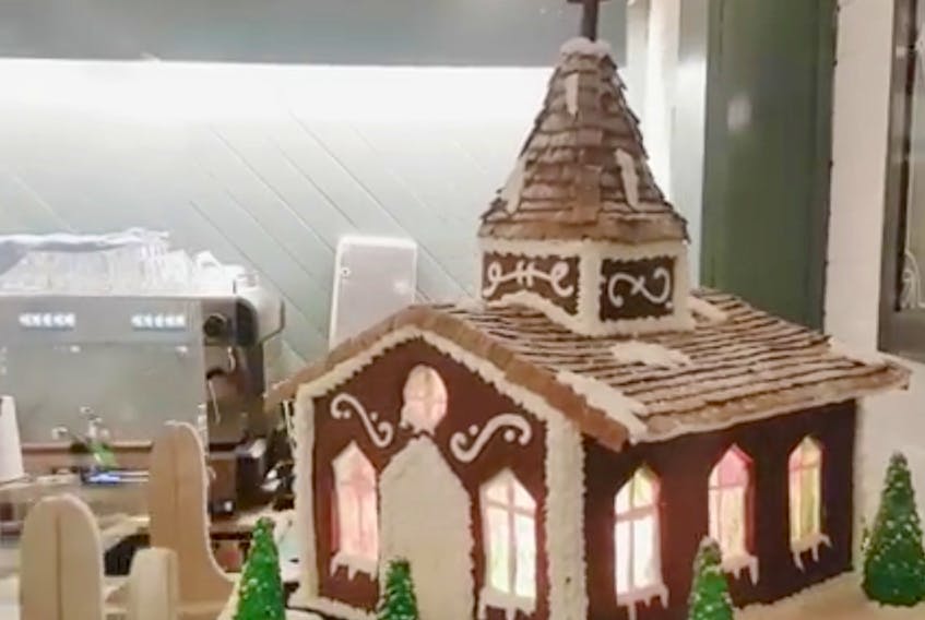 This gingerbread church, created by Kris Muir of Justamere Cafe and Bakery, will be won on Dec. 21.