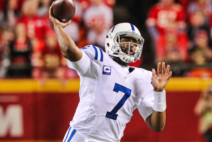 Indianapolis Colts quarterback Jacoby Brissett throws a pass against the Kansas City Chiefs during the first half at Arrowhead Stadium. 