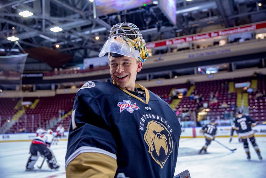 Goaltender Parker Gahagen is back with the Newfoundland Growlers as they prepare to take on the Maine Mariners Friday at Mile One Centre. If the Growlers prevail in that game, they'll set an ECHL record for consecutive home-ice wins. — Newfoundland Growlers photo/Jeff Parsons