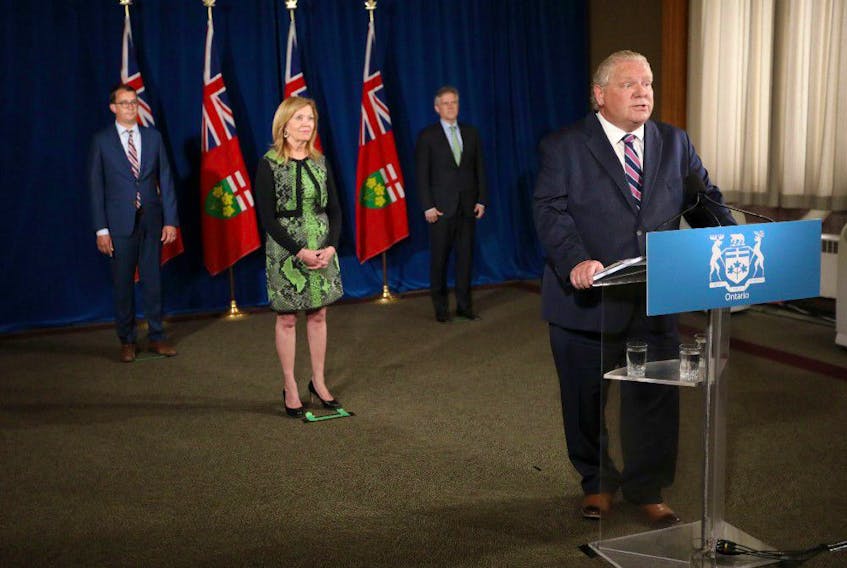 Ontario Premier Doug Ford holds his daily press conference at the Ontario Legislature at Queen's Park, Monday, June 22, 2020, joined by Christine Elliott, Deputy Premier.