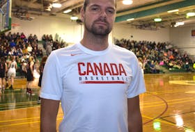 Silverthorn Collegiate Spartans coach Borko Brusin at the New Waterford Coal Bowl Classic on Tuesday. Brusin attended the tournament as a player in 2006 and has returned to the event as a coach this year. JEREMY FRASER/CAPE BRETON POST