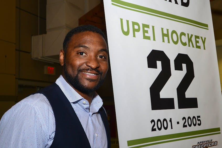 Joel Ward, who played hockey for the UPEI Panthers from 2001-02 to 2004-05, had a banner with his name and jersey number on it raised at MacLauchlan Arena in 2016.