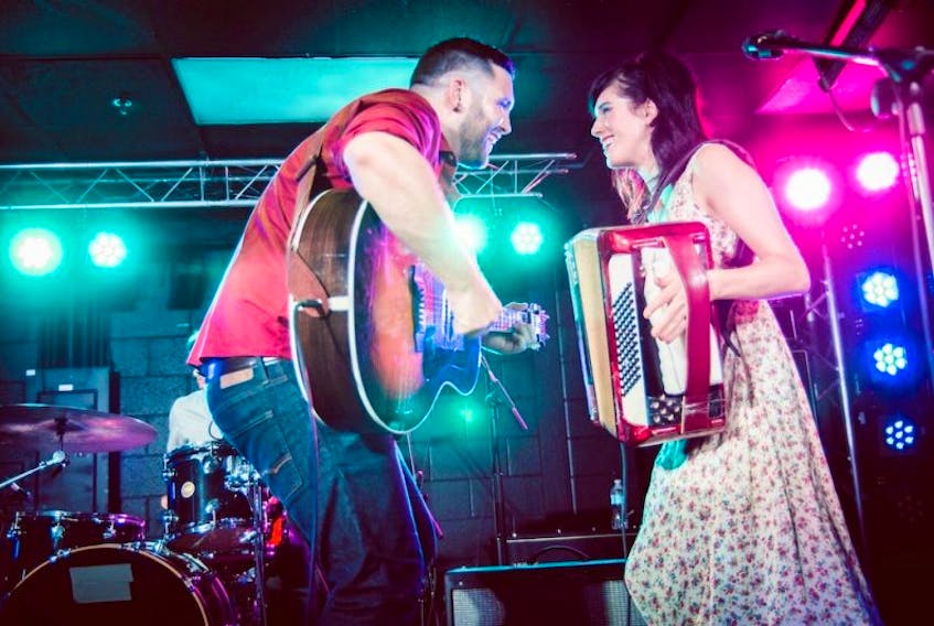 Andrew James O’Brien and Catherine Allan show their onstage chemistry during a recent performance. Known as the Fortunate Ones, the pop-folk band will perform at a sold out concert at the Mack in Charlottetown later this month.