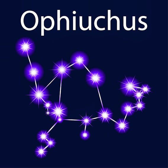 An illustration of the constellation Ophiuchus, which is visible as a large, scattered constellation in the south-southeast when the sky darkens by about 10 p.m.