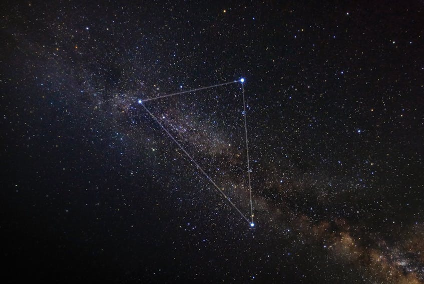 The Summer Triangle - which can be seen in the night's sky around 10 p.m. over the East Coast - is composed of three bright stars from three different constellations, including Cygnus - the Swan, and Aquila - the Eagle.