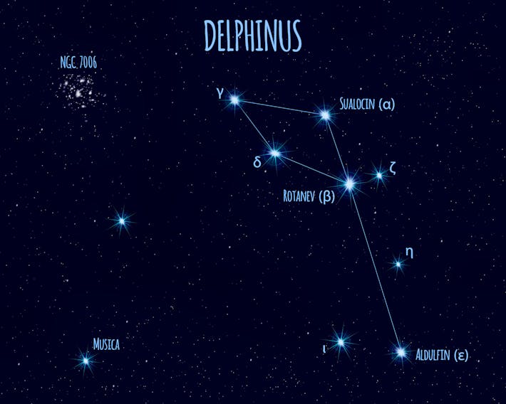 The constellation of Delphinus (Latin for dolphin) is easily identified by its four-star, lozenge-shape (representing the dolphin's body) with another star below (for the dolphin's tail). 