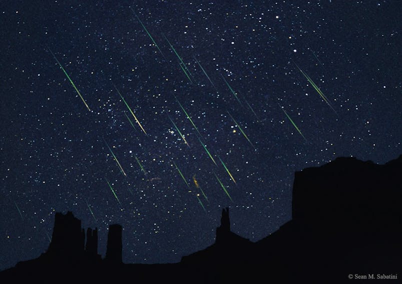 This image - actually a composite of six exposures of about 30 seconds each - was taken in 2001 by Sean M. Sabatini over Monument Valley, a year when there was a very active Leonids shower. - NASA