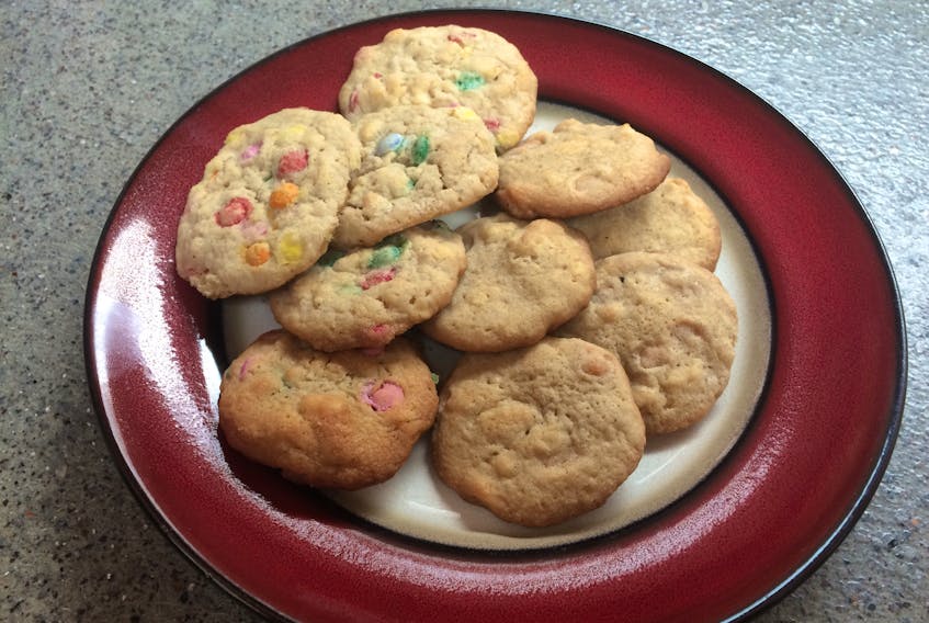 Potato Chip Cookies sound strange, but taste great. Change things up by using different varieties of chips - used here are butterscotch chips and mini Smarties.