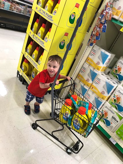 Celia Glover’s two-year-old son, Declan, helps her stock up on laundry detergent. The Mount Pearl, N.L. resident, who runs the Money Saving Mama Facebook page and group, is still using detergent she stockpiled nearly two years ago at 50 cents per bottle.