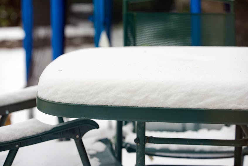 Patio furniture is designed to withstand the elements, so homeowners can opt to leave it outside during the winter. Bringing cushions inside, or covering the furniture with a tarp, is also a good idea.
