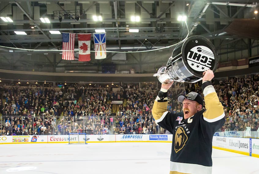 Newfoundland Growlers captain James Melindy of St. John's, N.L., lifts the Kelly Cup trophy the Growlers won in 2019, their first season in the ECHL. The Growlers opted out of the 2020-21 ECHL season due to the pandemic. 