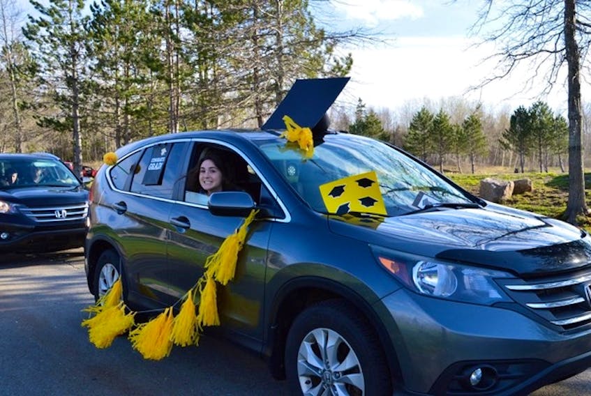 Grace Veinotte will be graduating from Horton High School in Greenwich, N.S. Recently, the staff set up a drive-thru loop for students to receive their graduation hats. Students were encouraged to decorate their cars and a photographer was on hand.    