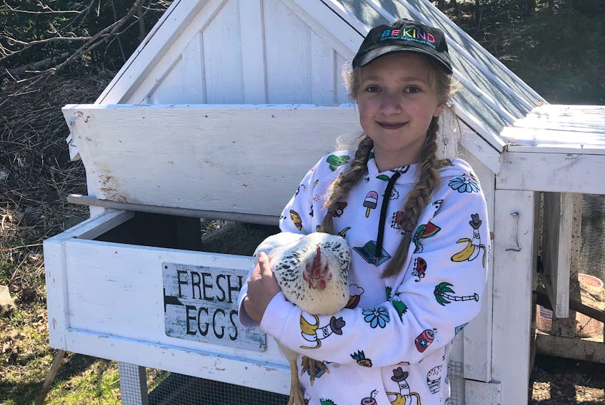Meredith Parsons of Goulds, N.L., likes looking after the family’s chickens. She is holding Snowy in the picture. Meredith wanted to get chickens after learning about chicken farming through 4-H. 