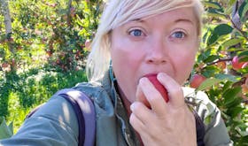 Tiffany Thornton tastes one of the apples from Noggins in the Annapolis Valley. The farm has a u-pick with 16 varieties of apples.