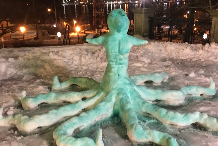 Mark Fleming describes this sculpture as a “green octopus horse man.”