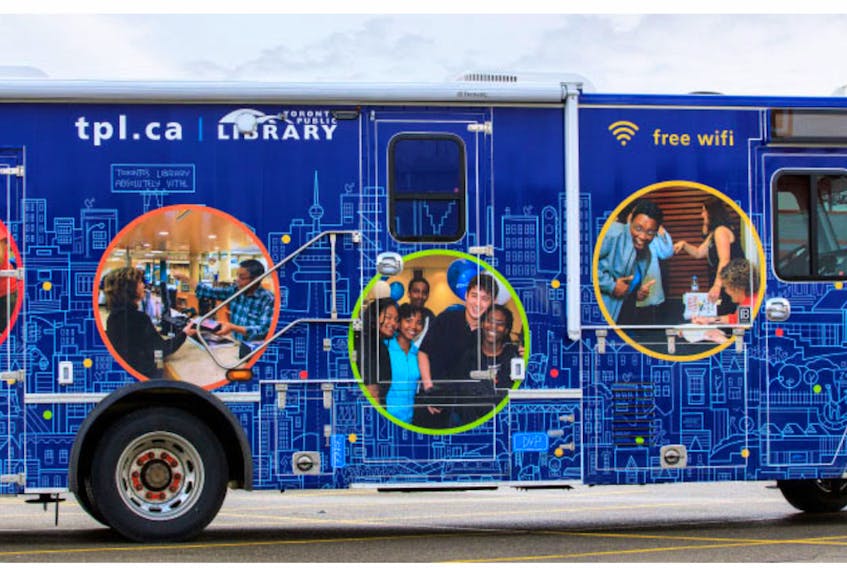 The new state-of-the-art bookmobile being built in Alberta by Intercontinental Truck Body for South Shore Regional Libraries will look similar to this bookmobile being used by the Toronto Public Library system. CONTRIBUTED