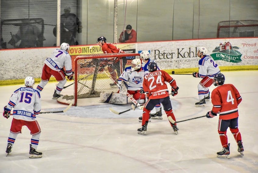 Dylan Matthews (#24) goes to the net against the Summerside Western Capitals. Matthews has been training in his home gym on PEI to stay in game shape during the COVID-19 pandemic.